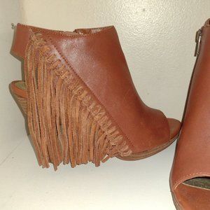 Reba cognac leather Fringe open toe slingback clogs boots size